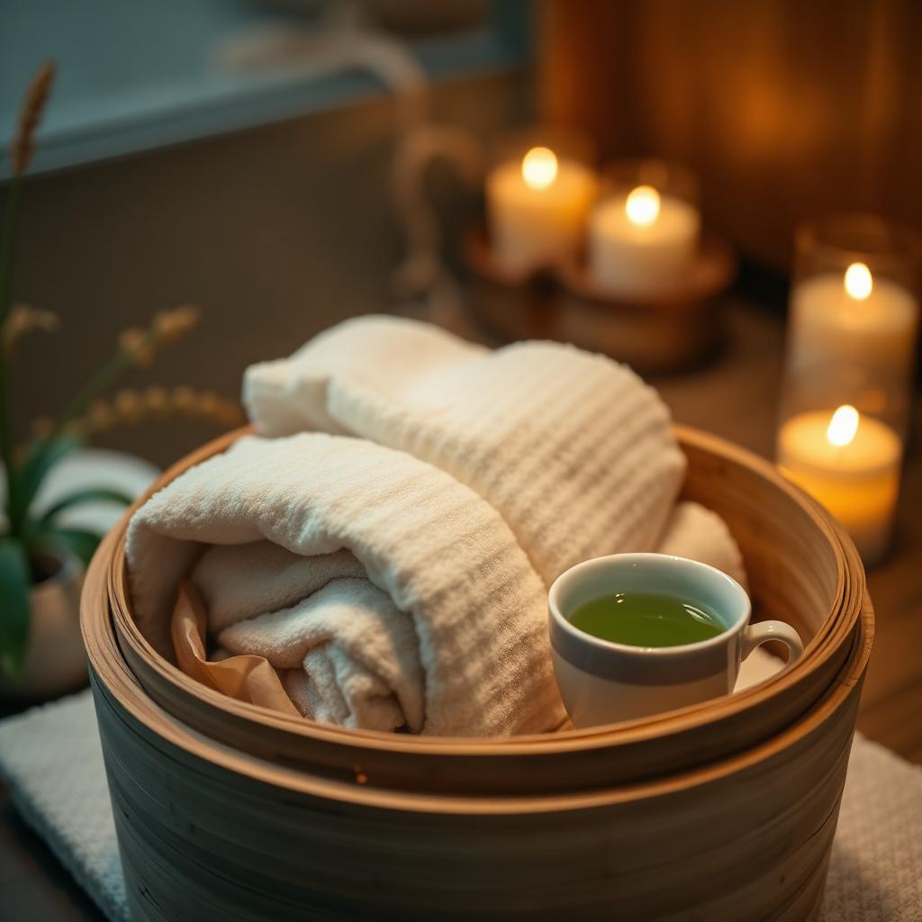 Warm towels and tea at the spa